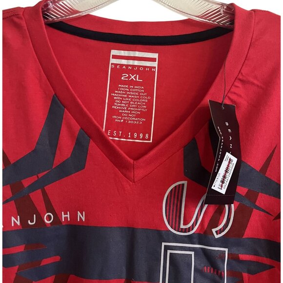 P. Diddy Sean John Red 100% Cotton 2XL Mens V Neck Logo Tshirt EST 1998 NWT - Picture 3 of 15